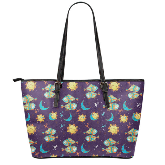 Cute Cartoon Pisces Pattern Print Leather Tote Bag