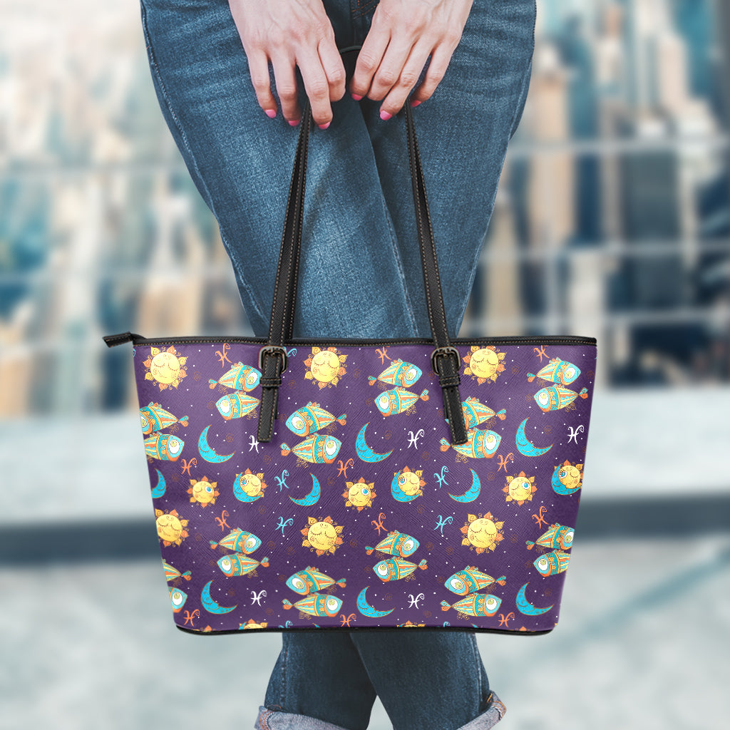 Cute Cartoon Pisces Pattern Print Leather Tote Bag