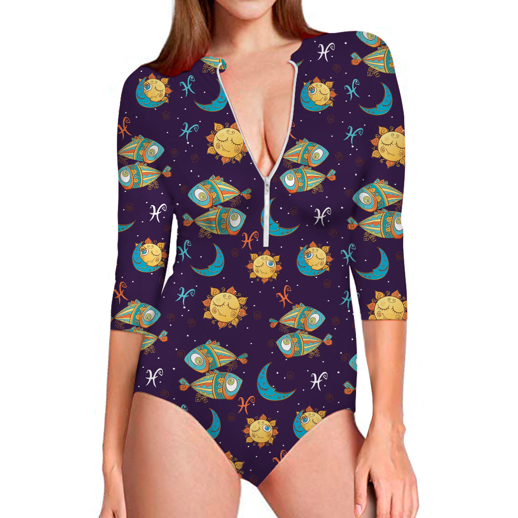 Cute Cartoon Pisces Pattern Print Long Sleeve Swimsuit