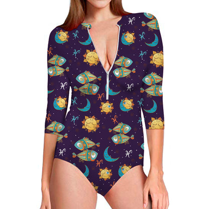 Cute Cartoon Pisces Pattern Print Long Sleeve Swimsuit