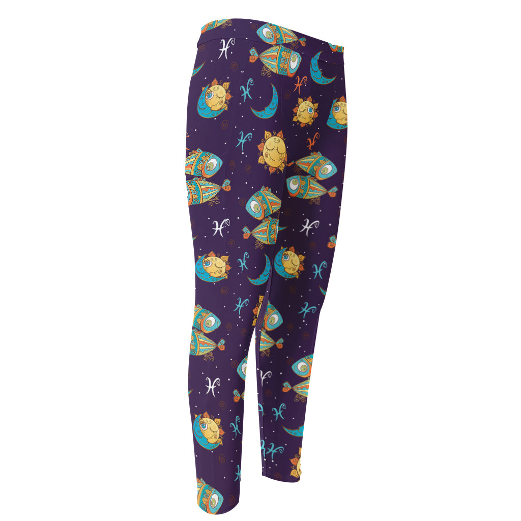 Cute Cartoon Pisces Pattern Print Men's Compression Pants