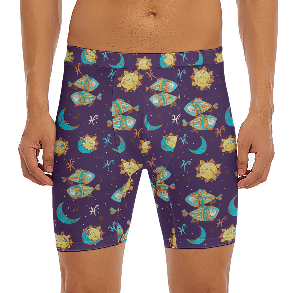 Cute Cartoon Pisces Pattern Print Men's Long Boxer Briefs