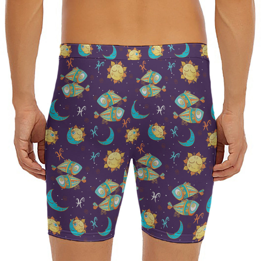 Cute Cartoon Pisces Pattern Print Men's Long Boxer Briefs