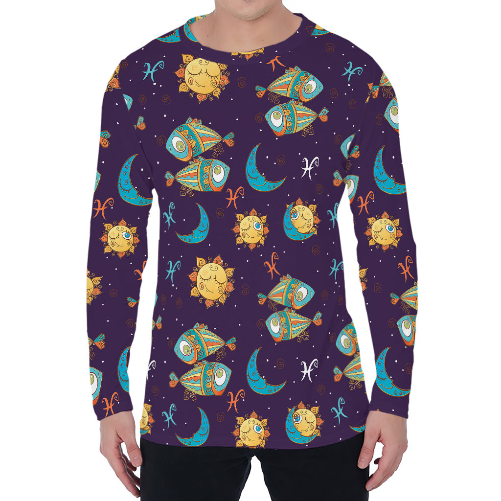 Cute Cartoon Pisces Pattern Print Men's Long Sleeve T-Shirt