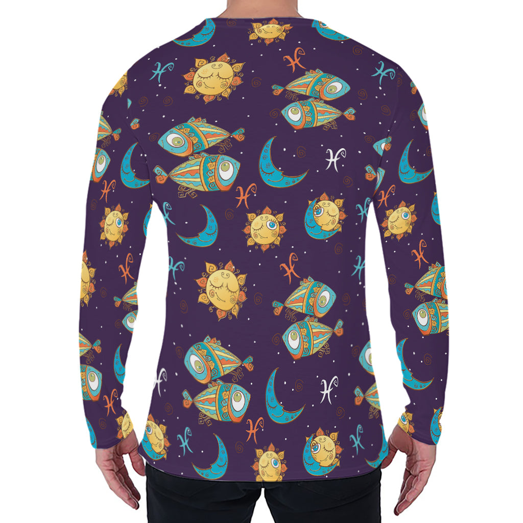 Cute Cartoon Pisces Pattern Print Men's Long Sleeve T-Shirt