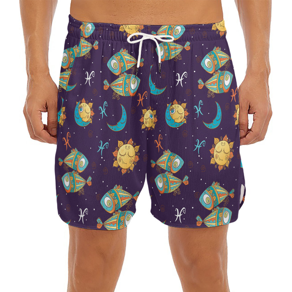 Cute Cartoon Pisces Pattern Print Men's Split Running Shorts