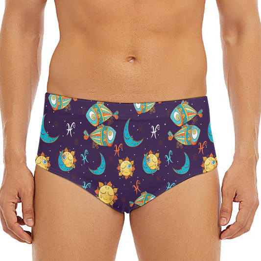 Cute Cartoon Pisces Pattern Print Men's Triangle Swim Briefs