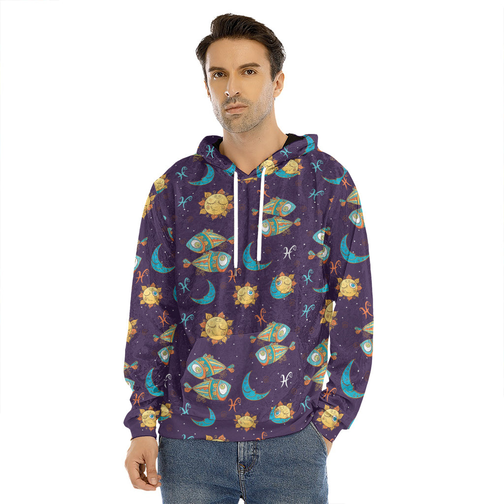 Cute Cartoon Pisces Pattern Print Men's Velvet Pullover Hoodie