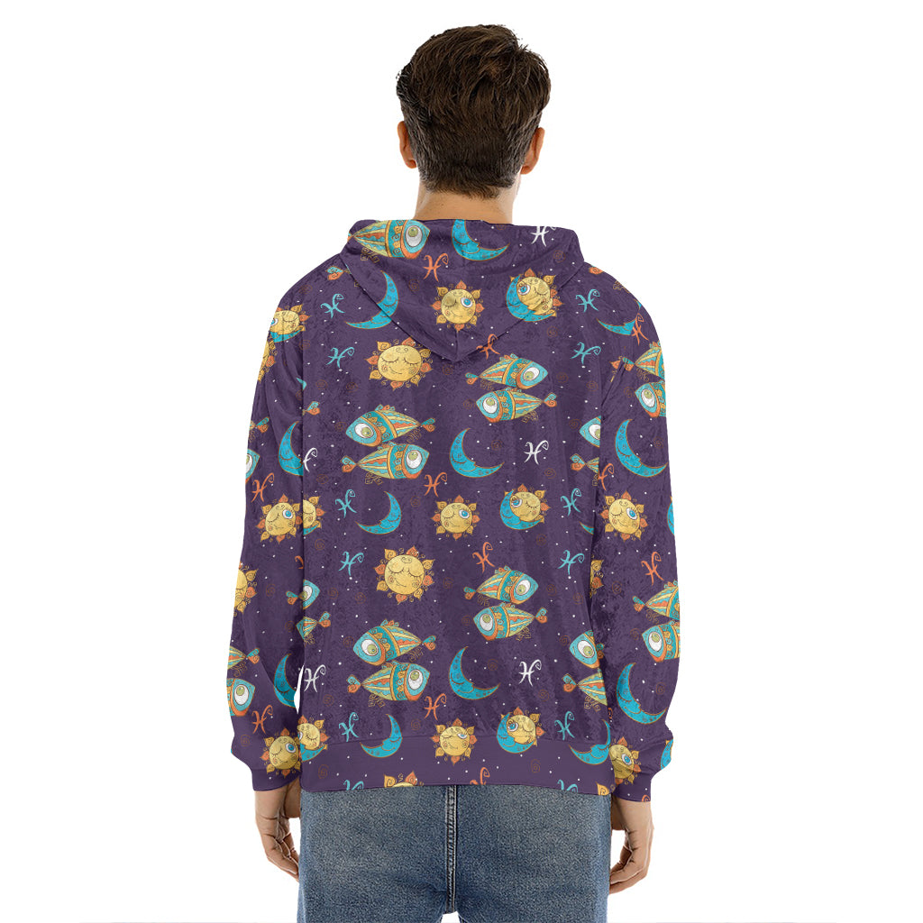 Cute Cartoon Pisces Pattern Print Men's Velvet Pullover Hoodie