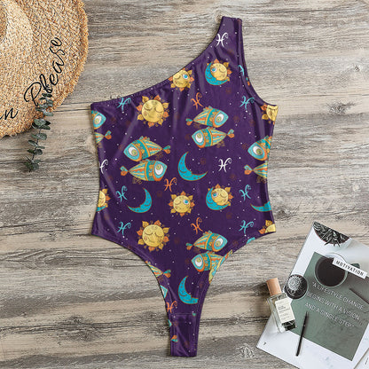 Cute Cartoon Pisces Pattern Print One Shoulder Bodysuit
