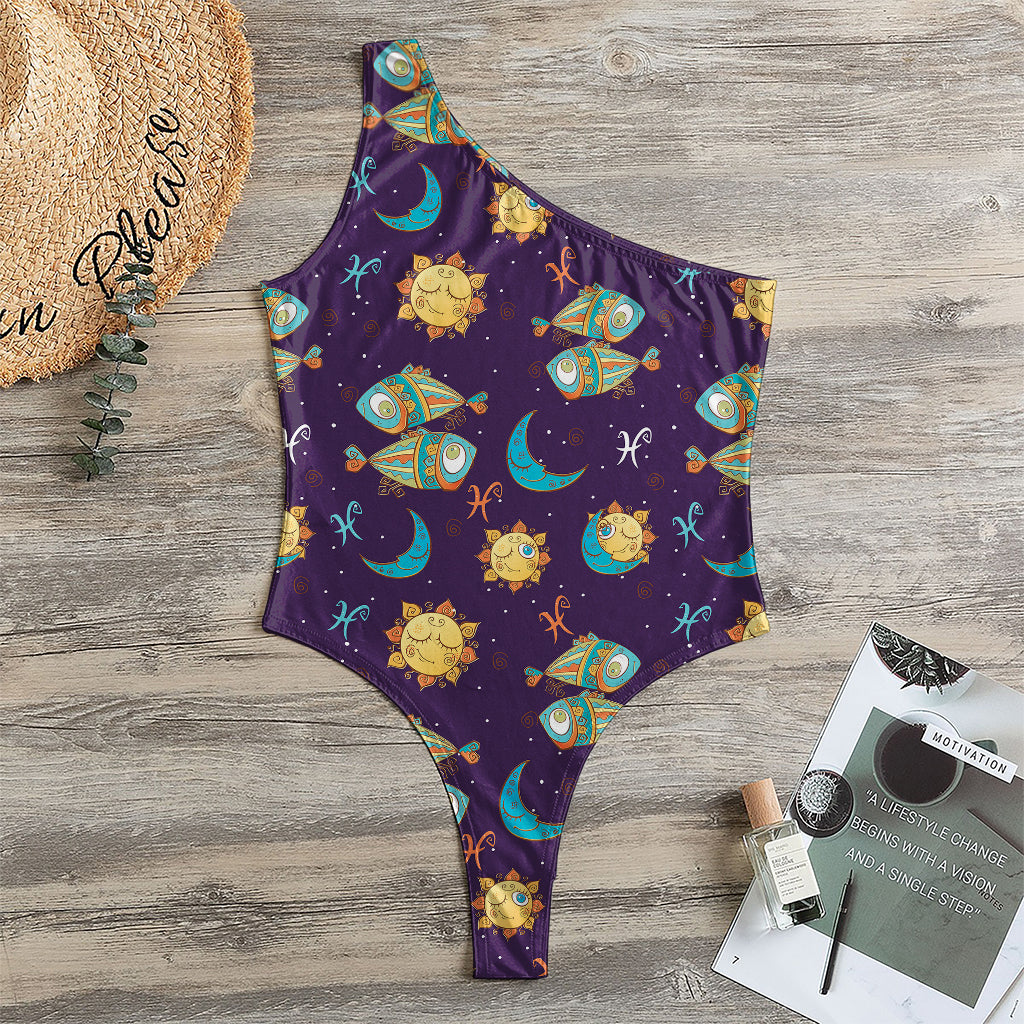 Cute Cartoon Pisces Pattern Print One Shoulder Bodysuit