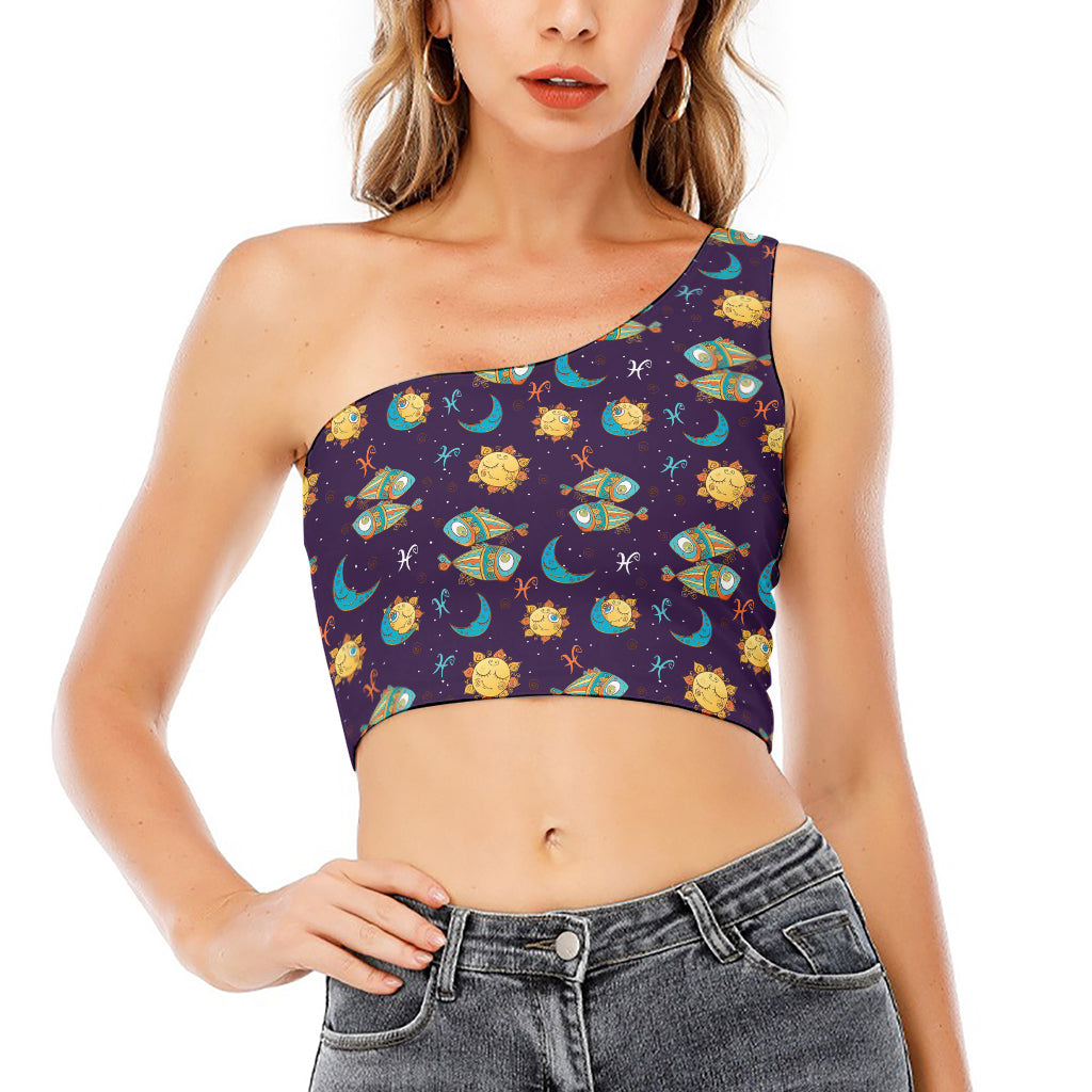 Cute Cartoon Pisces Pattern Print One Shoulder Crop Top