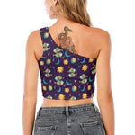 Cute Cartoon Pisces Pattern Print One Shoulder Crop Top