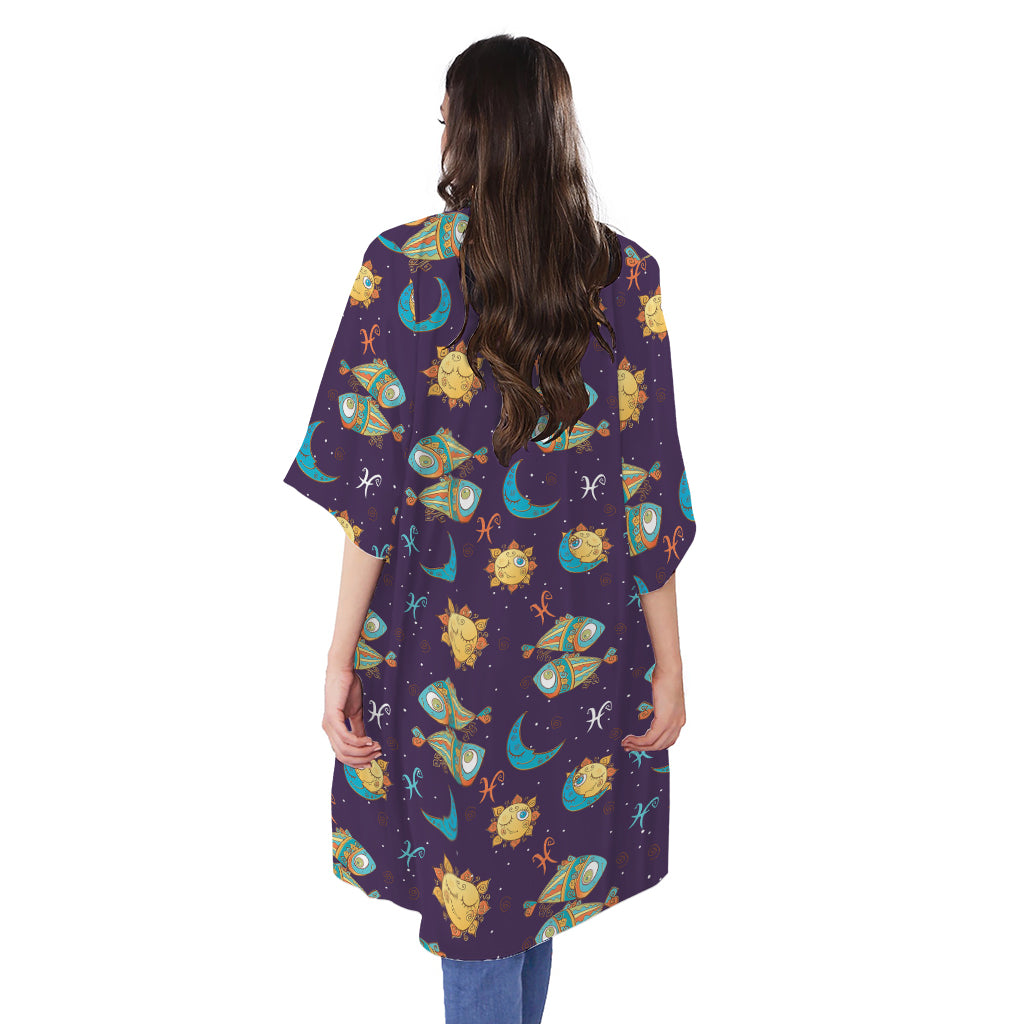 Cute Cartoon Pisces Pattern Print Open Front Beach Cover Up