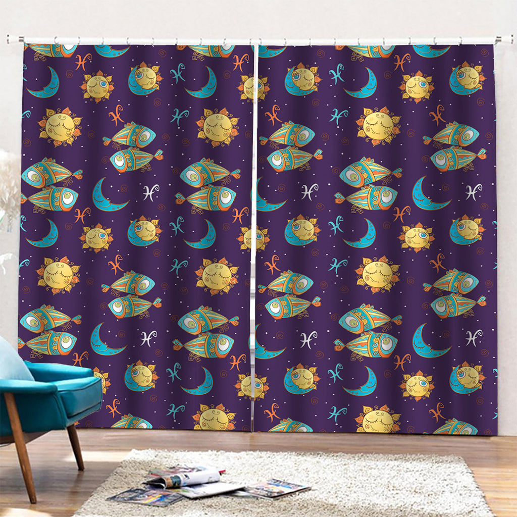 Cute Cartoon Pisces Pattern Print Pencil Pleat Curtains