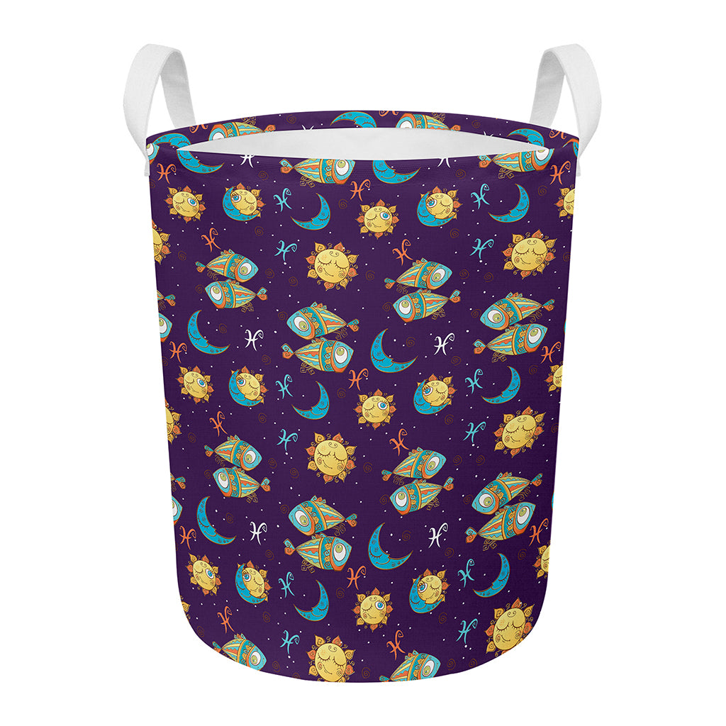 Cute Cartoon Pisces Pattern Print Round Laundry Basket