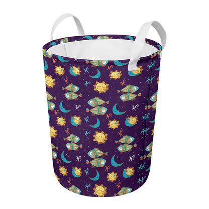 Cute Cartoon Pisces Pattern Print Round Laundry Basket
