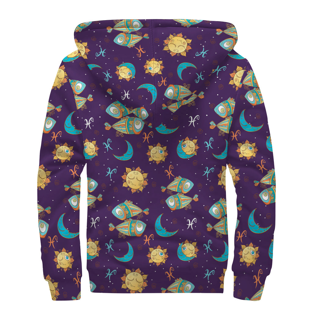 Cute Cartoon Pisces Pattern Print Sherpa Lined Zip Up Hoodie