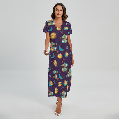 Cute Cartoon Pisces Pattern Print Short Sleeve Maxi Dress