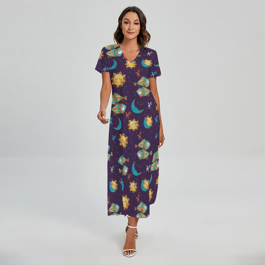 Cute Cartoon Pisces Pattern Print Short Sleeve Maxi Dress