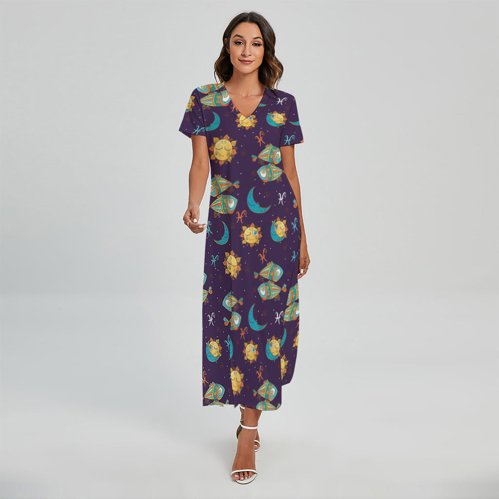 Cute Cartoon Pisces Pattern Print Short Sleeve Maxi Dress