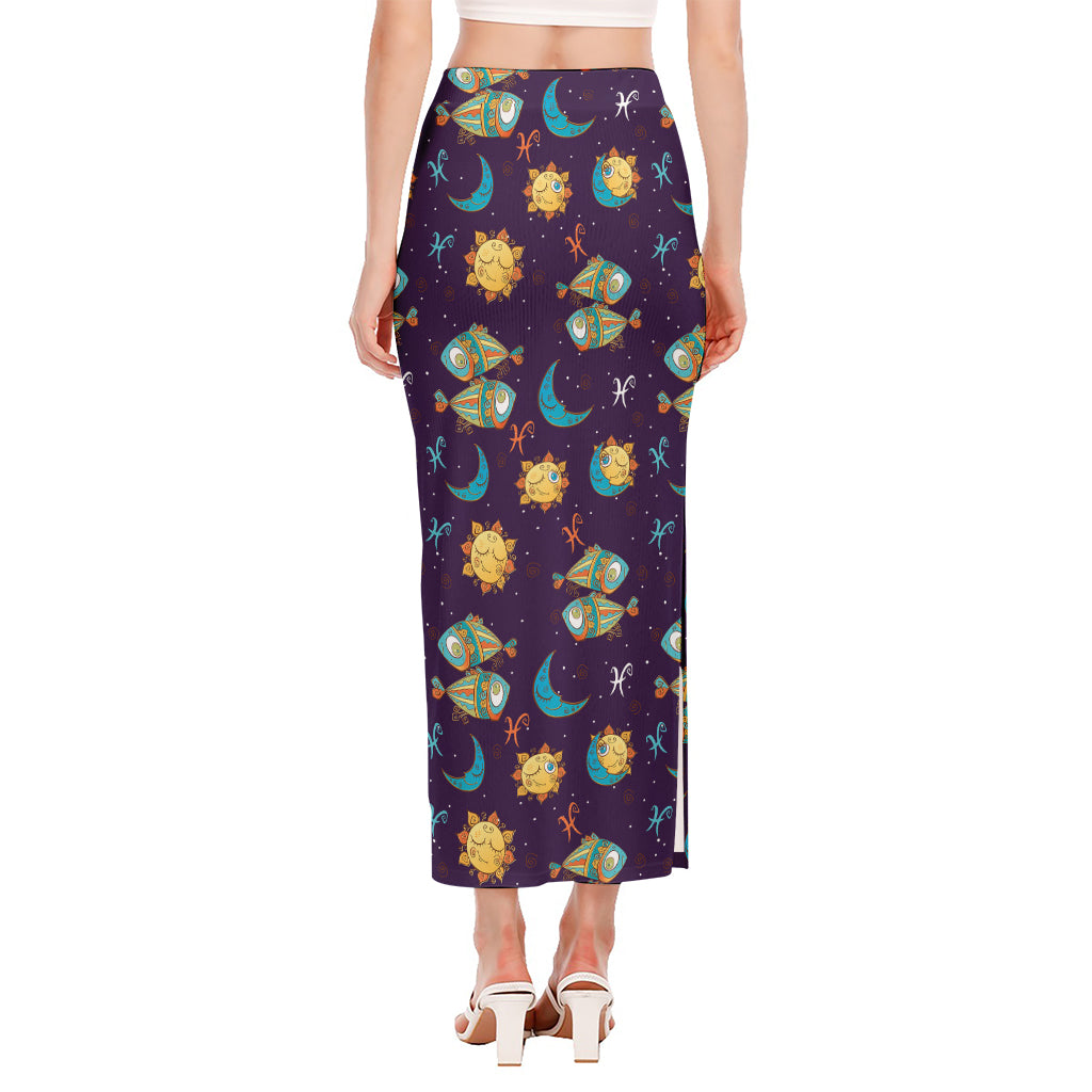Cute Cartoon Pisces Pattern Print Side Slit Maxi Skirt