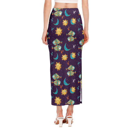Cute Cartoon Pisces Pattern Print Side Slit Maxi Skirt