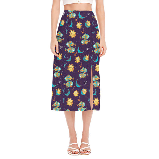 Cute Cartoon Pisces Pattern Print Side Slit Midi Skirt