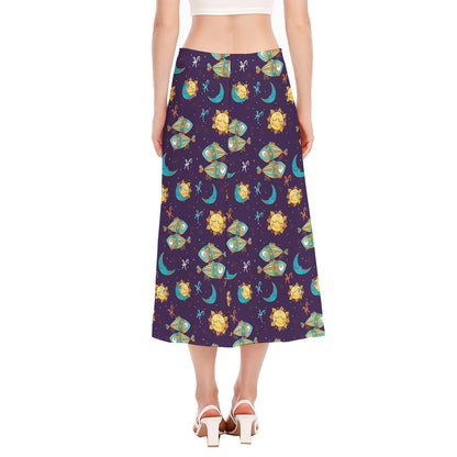 Cute Cartoon Pisces Pattern Print Side Slit Midi Skirt