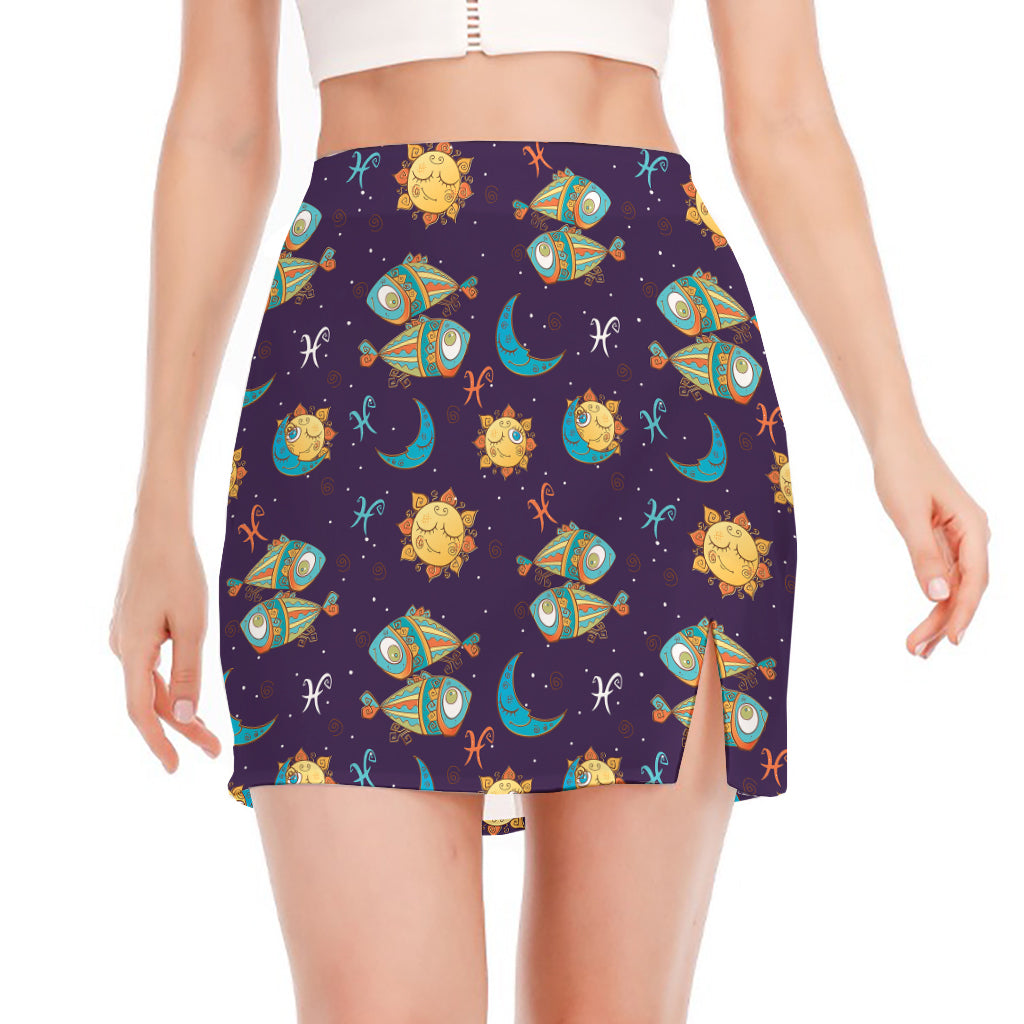 Cute Cartoon Pisces Pattern Print Side Slit Mini Skirt
