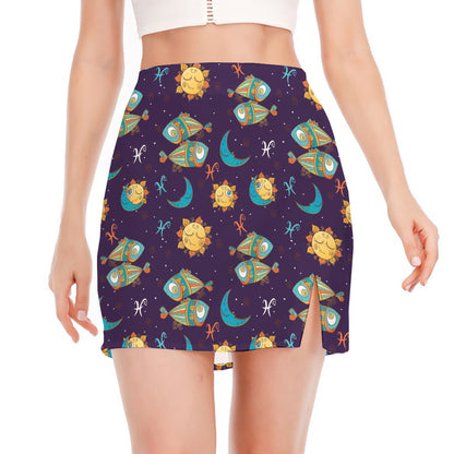 Cute Cartoon Pisces Pattern Print Side Slit Mini Skirt