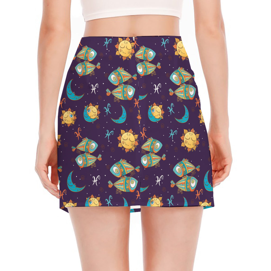 Cute Cartoon Pisces Pattern Print Side Slit Mini Skirt