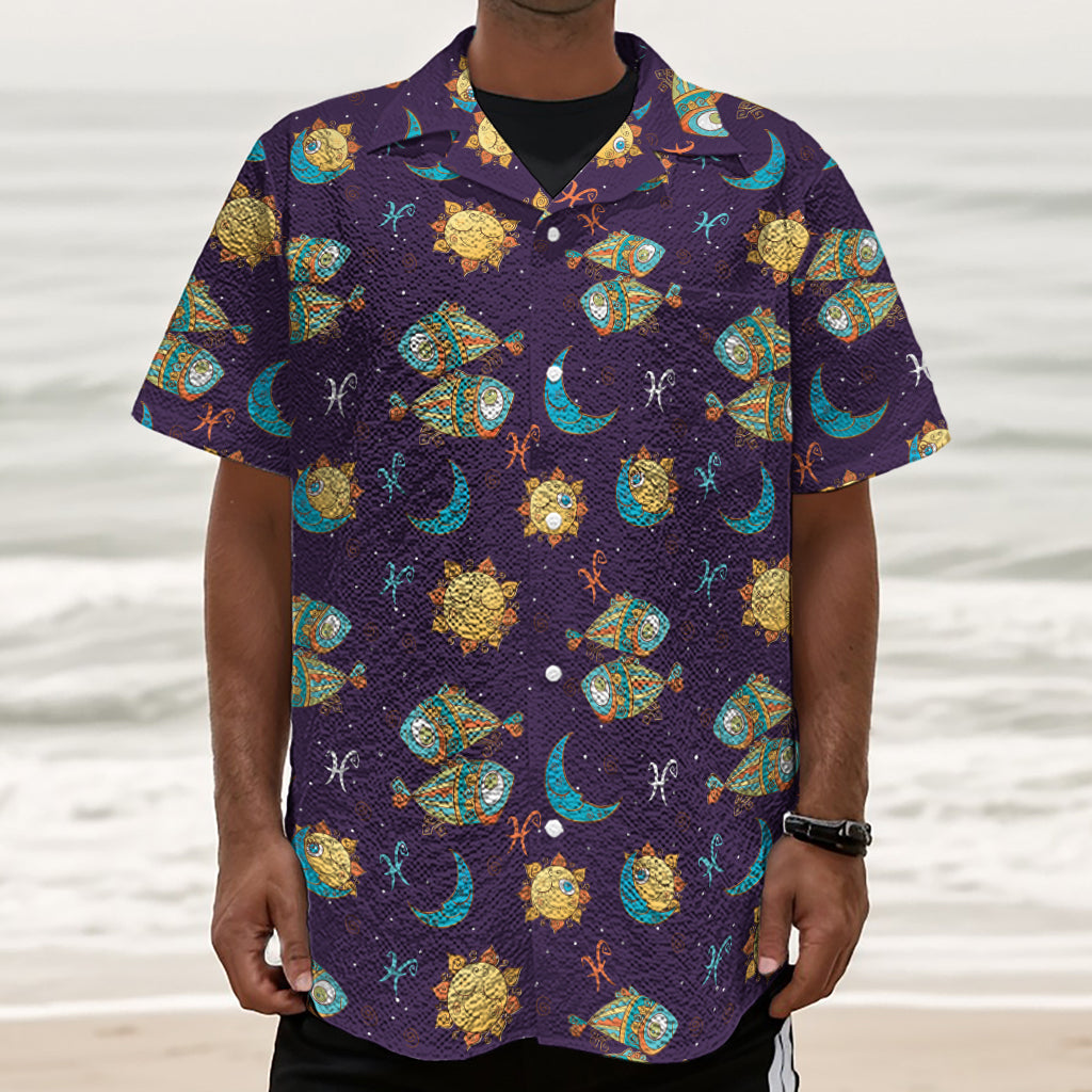 Cute Cartoon Pisces Pattern Print Textured Short Sleeve Shirt