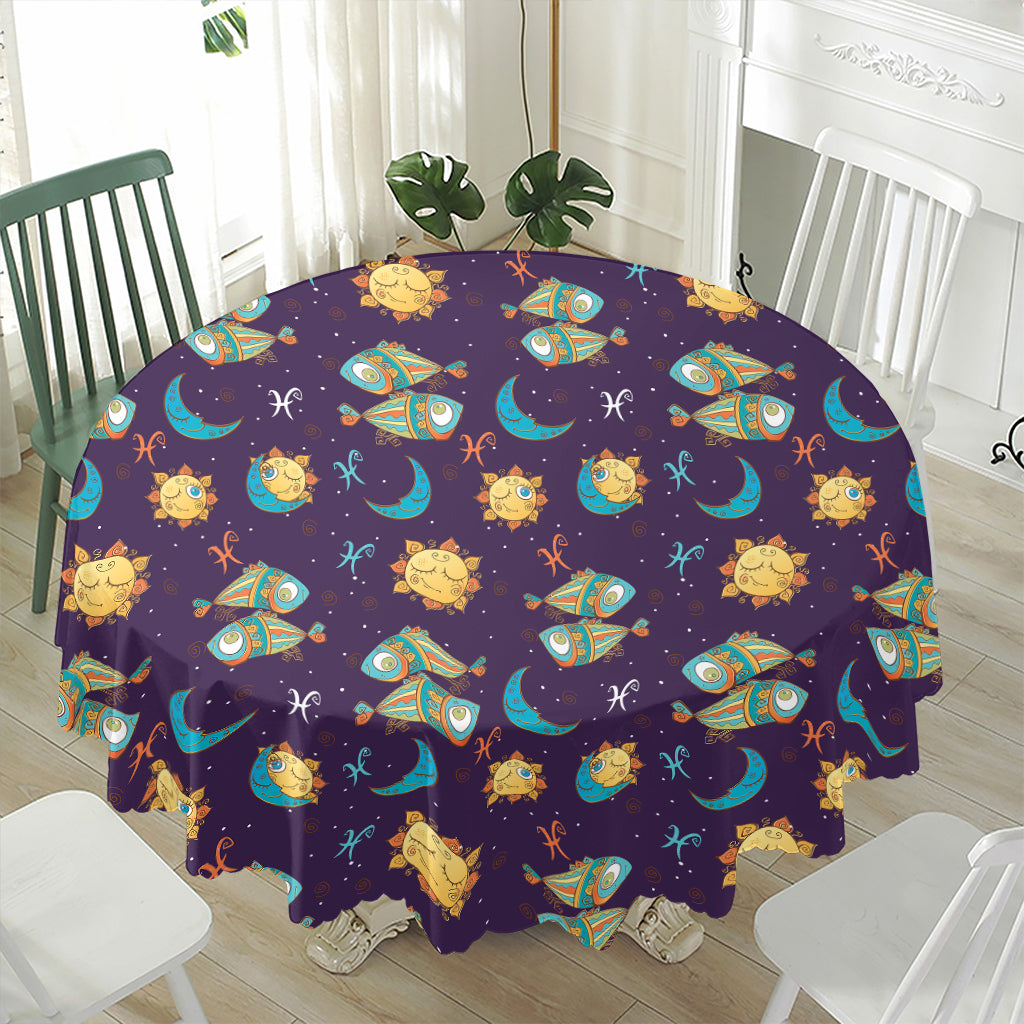Cute Cartoon Pisces Pattern Print Waterproof Round Tablecloth