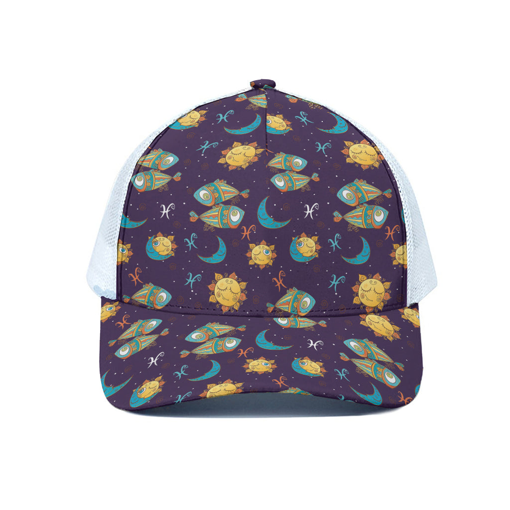 Cute Cartoon Pisces Pattern Print White Mesh Trucker Cap