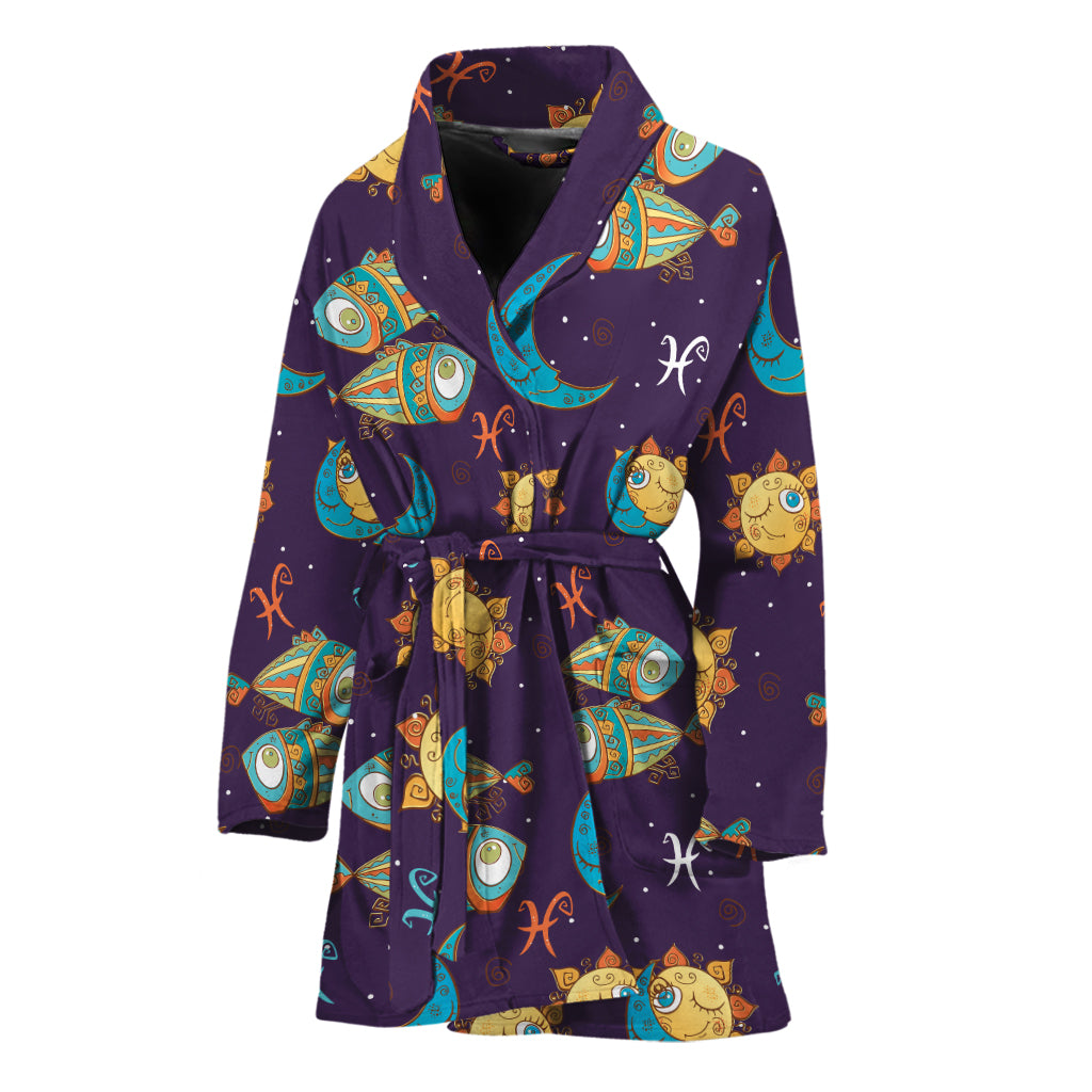 Cute Cartoon Pisces Pattern Print Women's Bathrobe