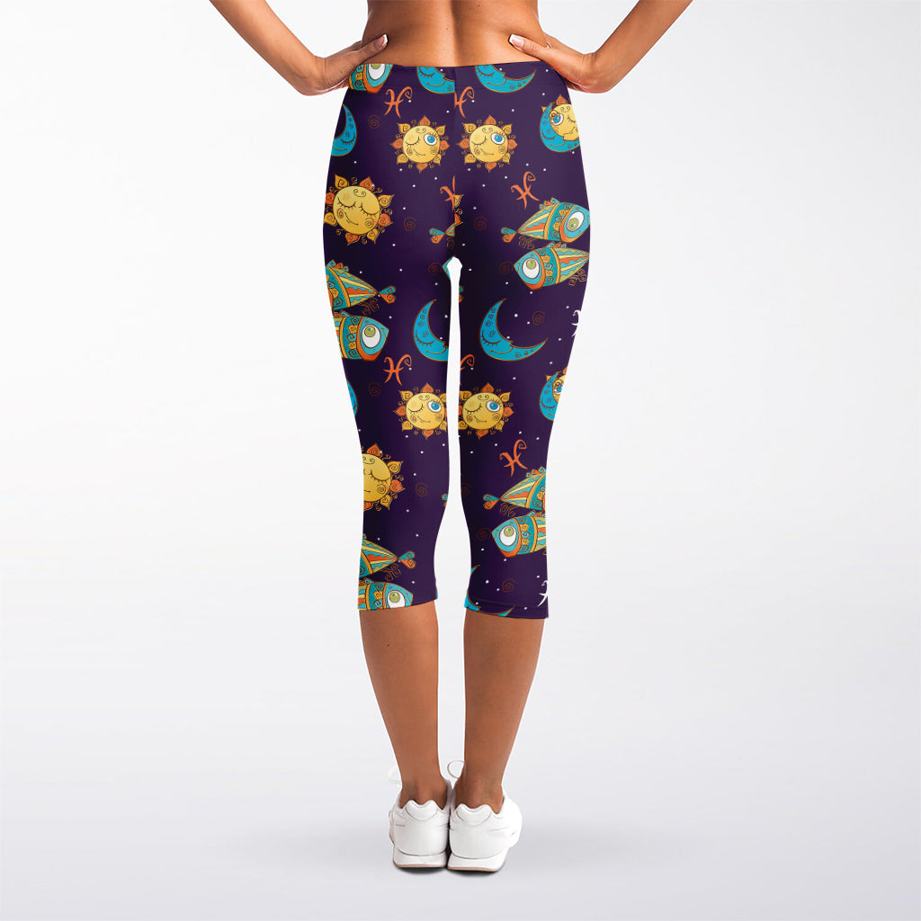 Cute Cartoon Pisces Pattern Print Women's Capri Leggings