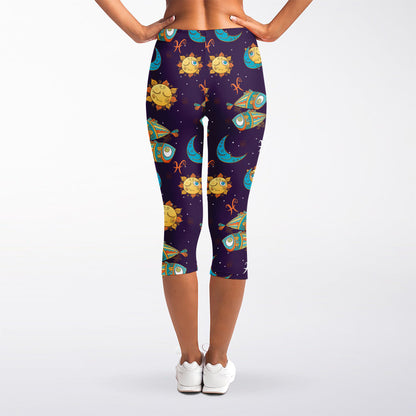 Cute Cartoon Pisces Pattern Print Women's Capri Leggings