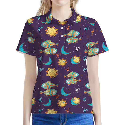 Cute Cartoon Pisces Pattern Print Women's Polo Shirt