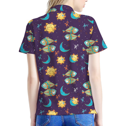 Cute Cartoon Pisces Pattern Print Women's Polo Shirt