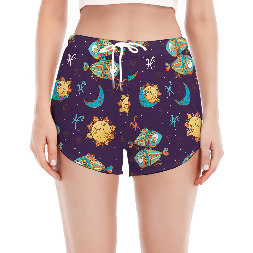 Cute Cartoon Pisces Pattern Print Women's Split Running Shorts