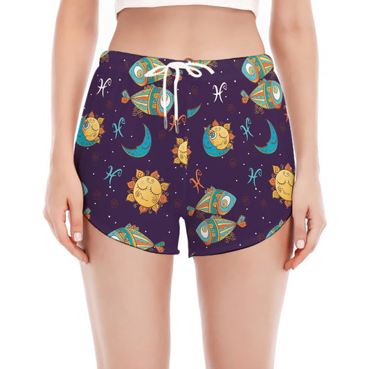 Cute Cartoon Pisces Pattern Print Women's Split Running Shorts