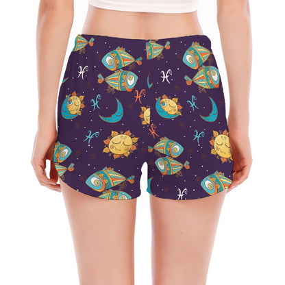 Cute Cartoon Pisces Pattern Print Women's Split Running Shorts