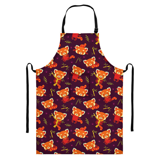 Cute Cartoon Red Panda Pattern Print Bib Apron With Pocket
