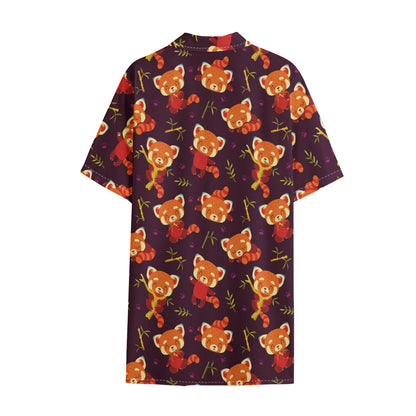 Cute Cartoon Red Panda Pattern Print Cotton Hawaiian Shirt