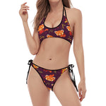 Cute Cartoon Red Panda Pattern Print Halter Scoop Tie Side Bikini