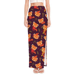 Cute Cartoon Red Panda Pattern Print High Slit Maxi Skirt