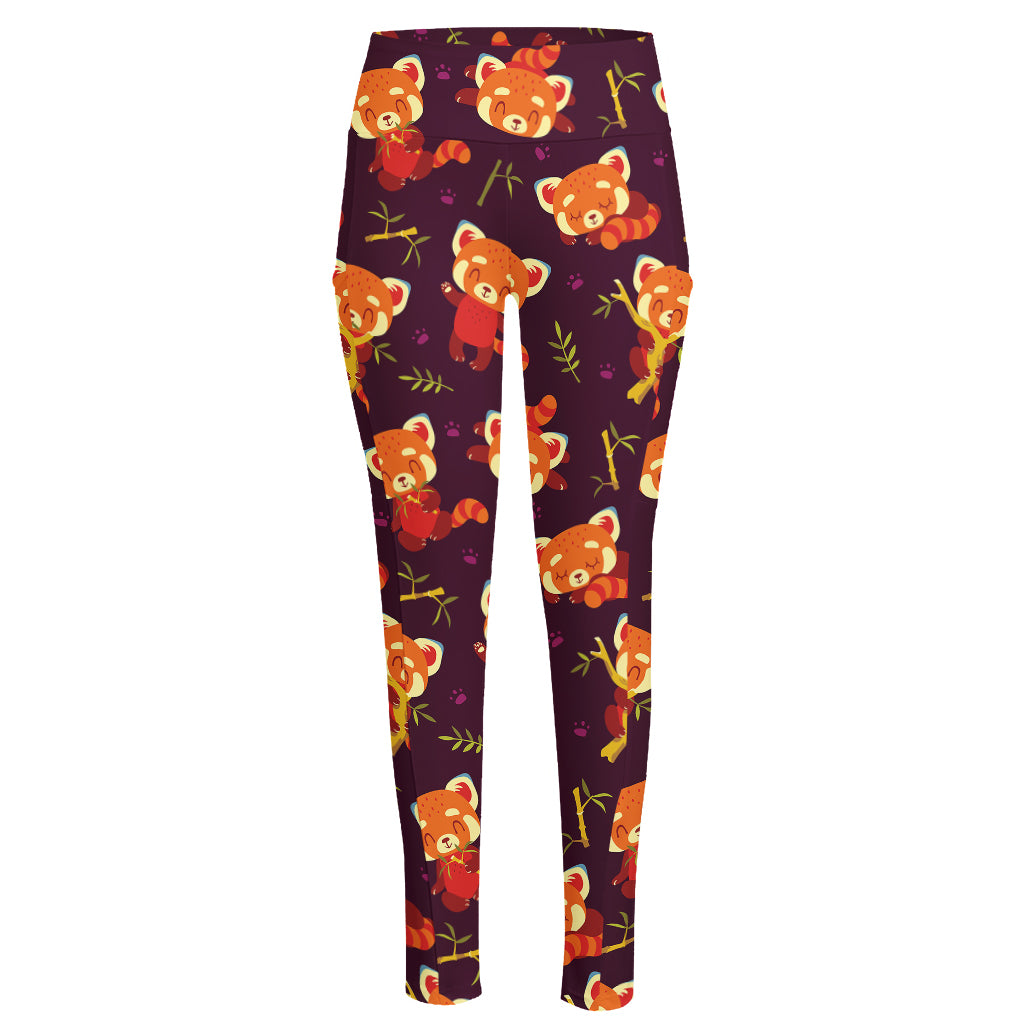 Cute Cartoon Red Panda Pattern Print High-Waisted Pocket Leggings