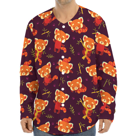Cute Cartoon Red Panda Pattern Print Long Sleeve Baseball Jersey