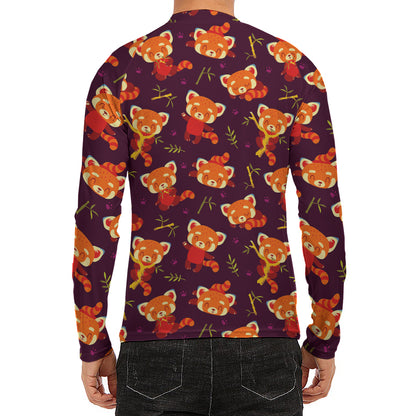 Cute Cartoon Red Panda Pattern Print Men's Long Sleeve Rash Guard